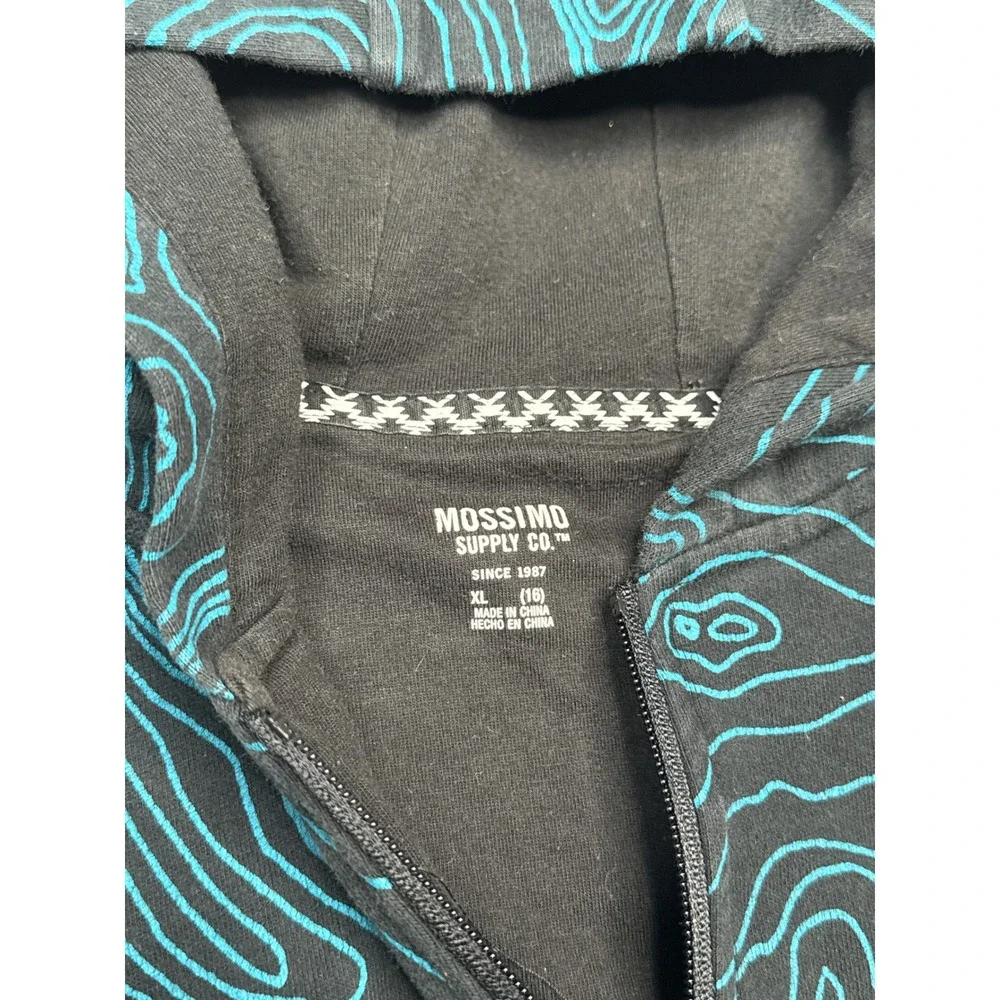 Mossimo Boys XL 16 Full Zip Hoodie Black Teal Topo Map Graphic Utility Pocket‎
